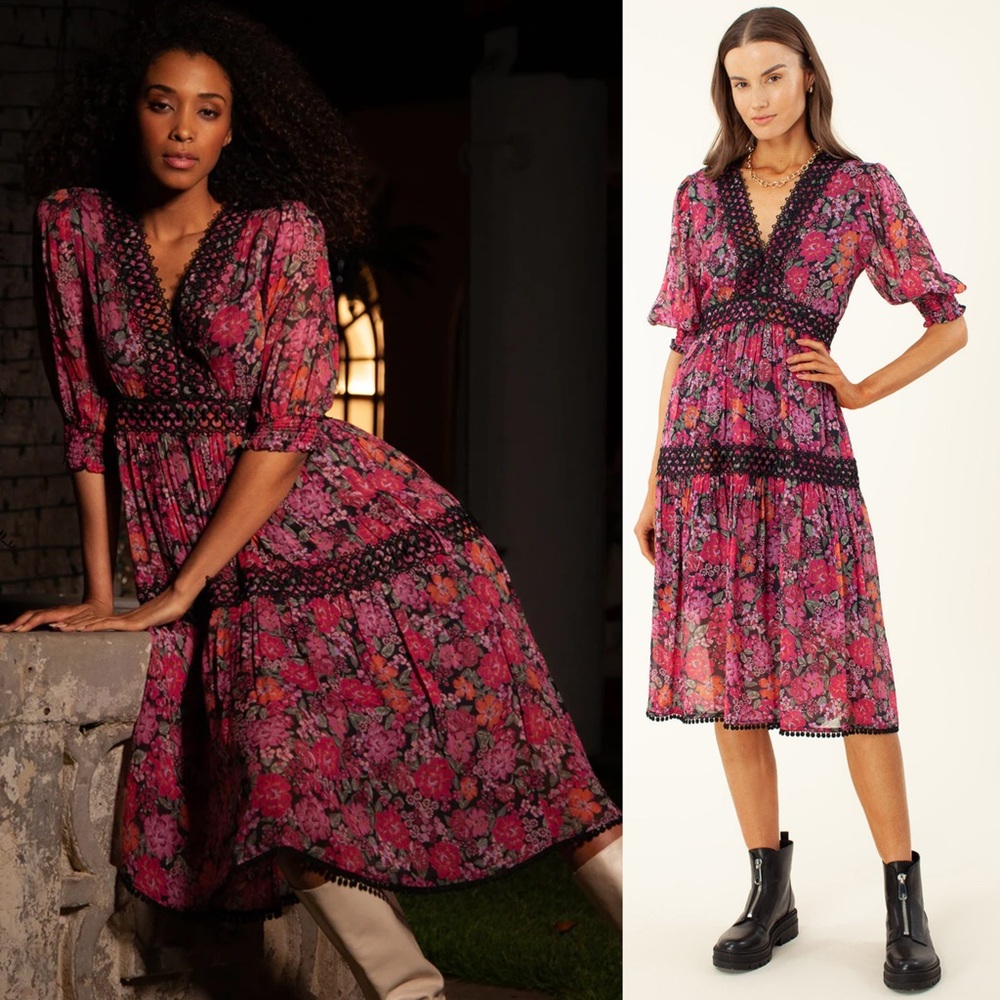 Hale Bob Aspasia Midi Dress Black Pink Floral Size XS